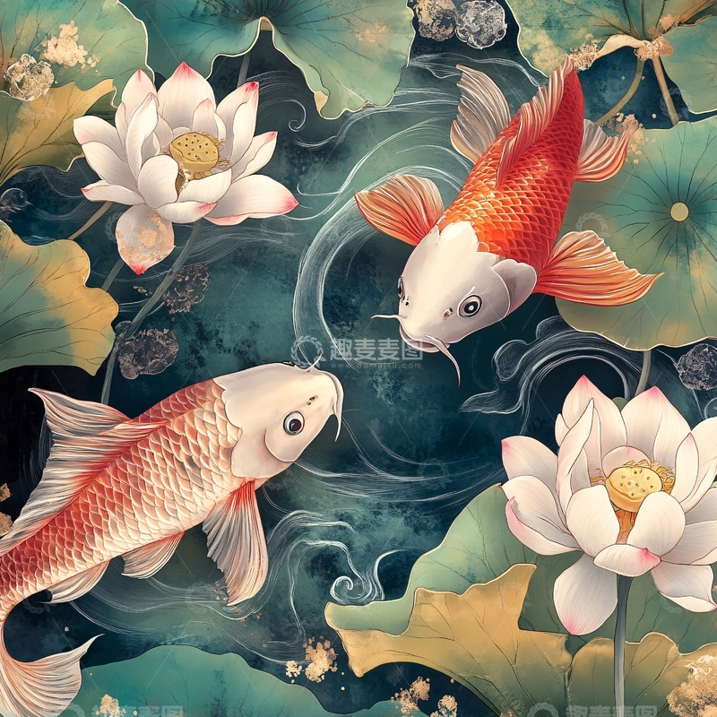 高清大图下载【趣麦麦图】荷花锦鲤插画12