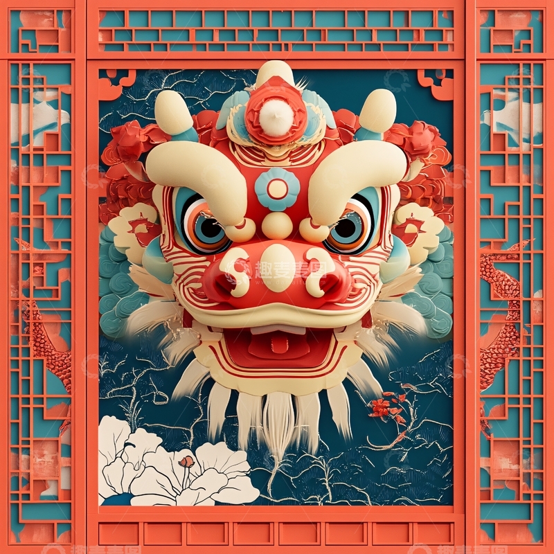 高清大图下载【趣麦麦图】舞狮包装插画5