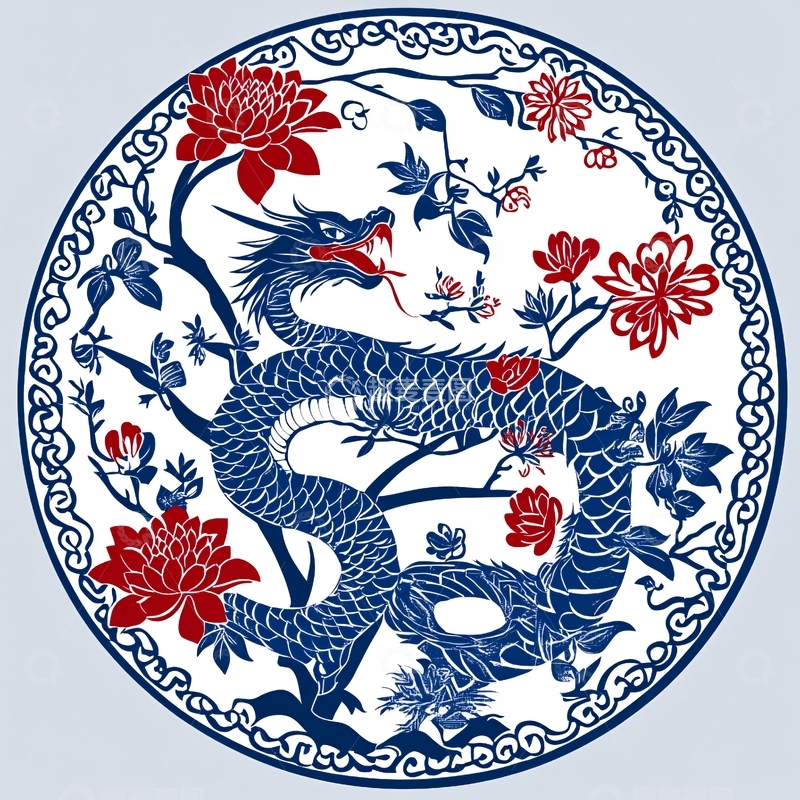 高清大图下载【趣麦麦图】原创龙凤呈祥青花图案