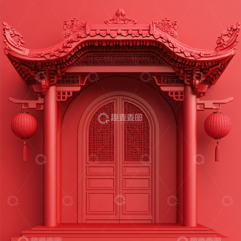 高清大图下载【趣麦麦图】中式红色大门圆拱门1
