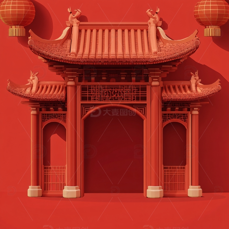 中式红色大门圆拱门5