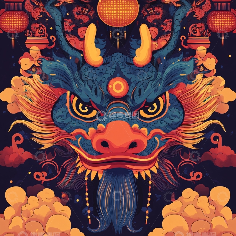 高清大图下载【趣麦麦图】醒狮潮流插画