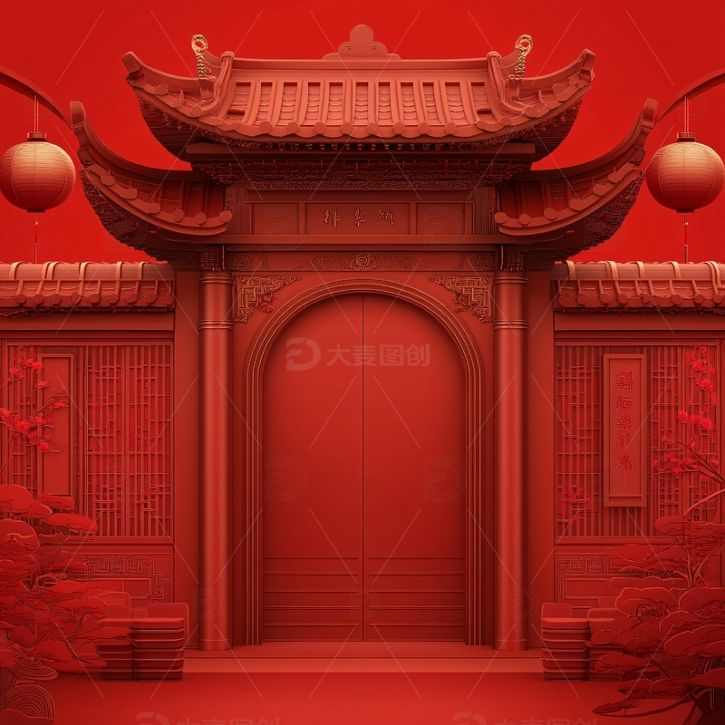 中式红色大门圆拱门