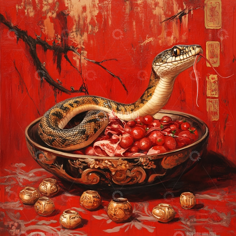 高清大图下载【趣麦麦图】蛇年插画聚宝盘