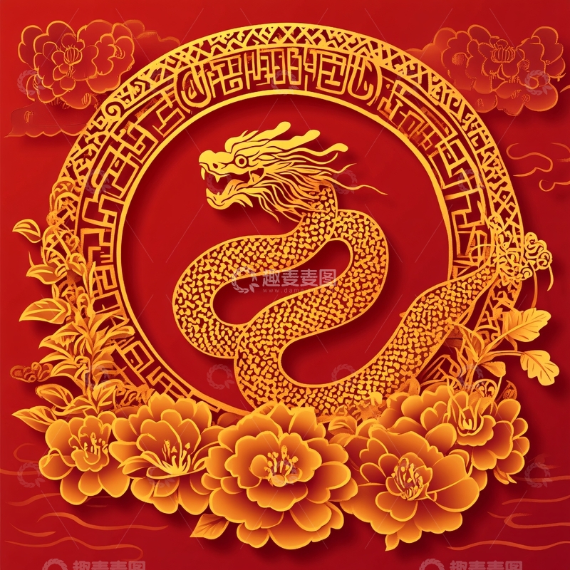 高清大图下载【趣麦麦图】龙年红金渐变插画5