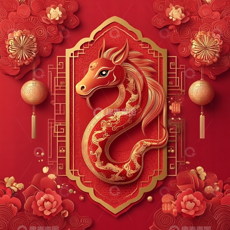 高清大图下载【趣麦麦图】龙年红金渐变插画4