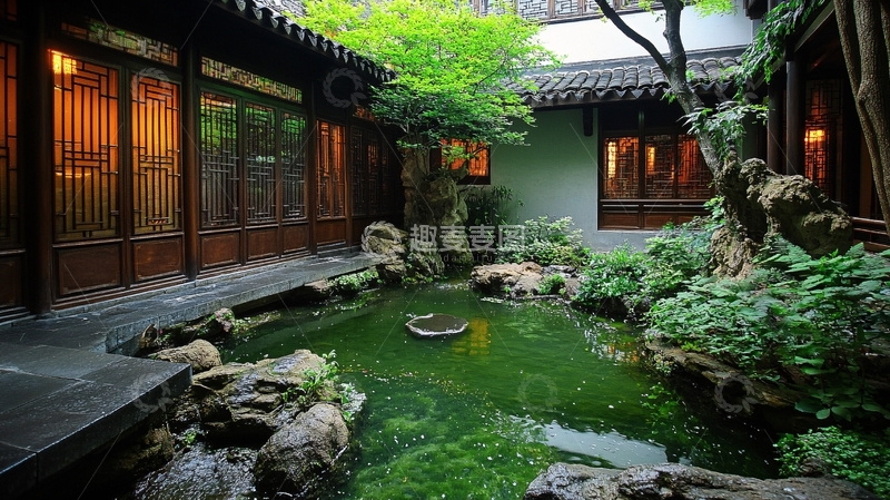 高清大图下载【趣麦麦图】庭院鱼池