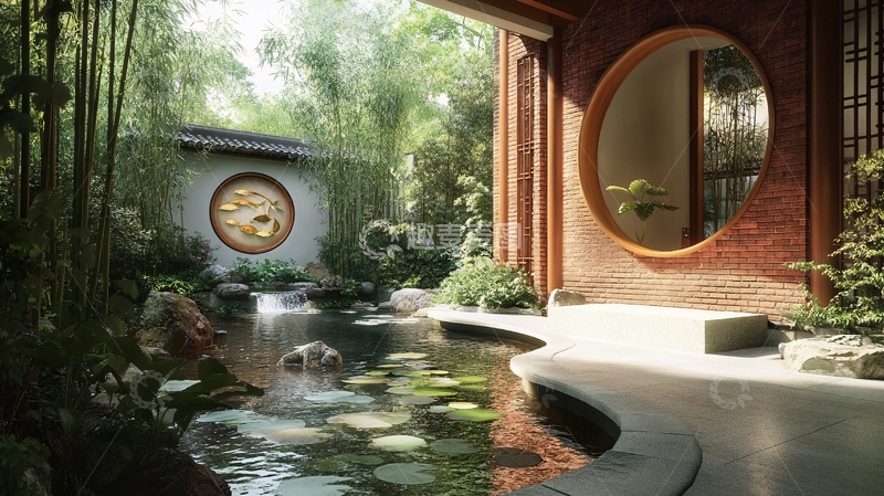 高清大图下载【趣麦麦图】-中式池塘中式瓦墙1