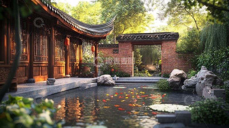 高清大图下载【趣麦麦图】中式池塘中式瓦墙2