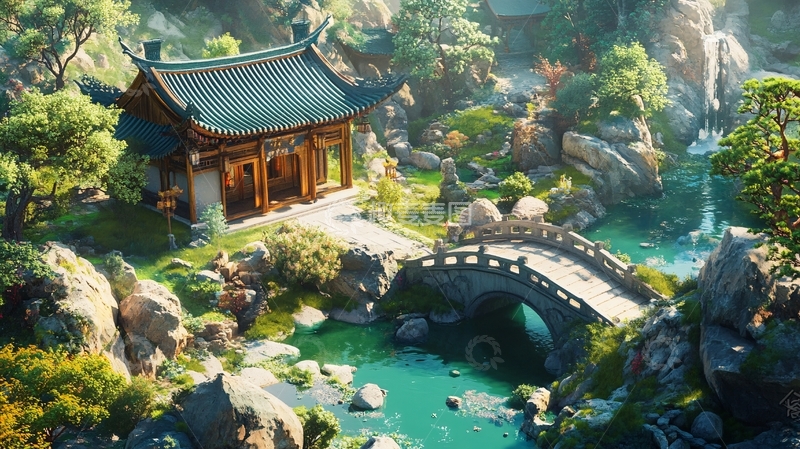 高清大图下载【趣麦麦图】中式园林小桥流水