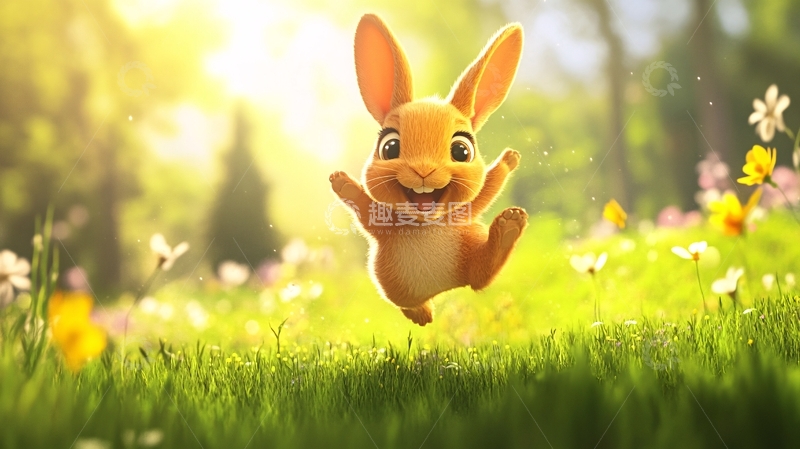 高清大图下载【趣麦麦图】小兔黄耳跳跃草地
