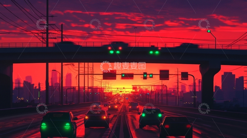 高清大图下载【趣麦麦图】夕阳下的城市快车道4