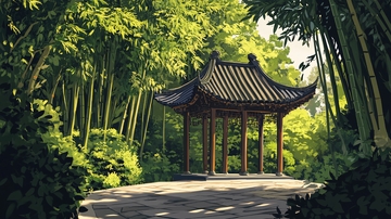 阳光竹林里的凉亭