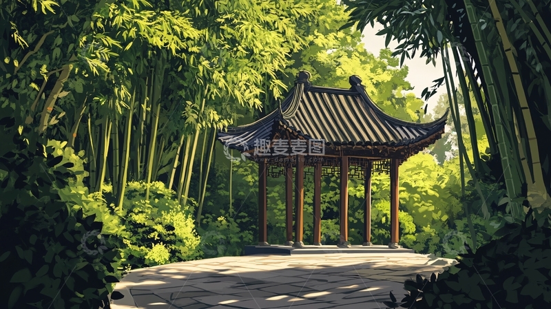 高清大图下载【趣麦麦图】阳光竹林里的凉亭