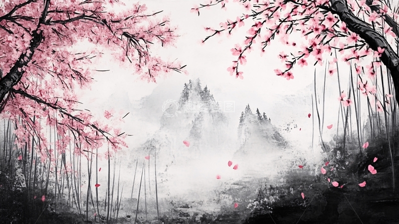 高清大图下载【趣麦麦图】水墨画桃花林