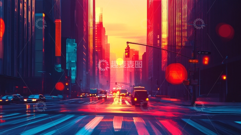 高清大图下载【趣麦麦图】日落街道插画18