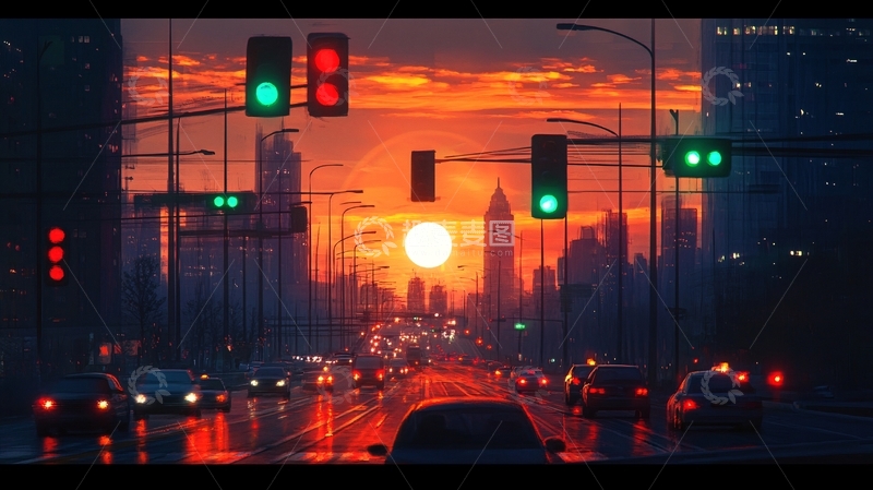 高清大图下载【趣麦麦图】日落街道插画23