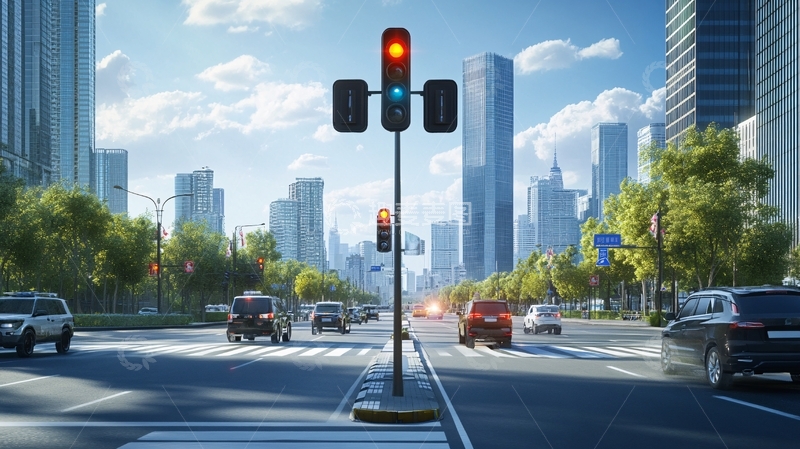 高清大图下载【趣麦麦图】马路红绿灯路口