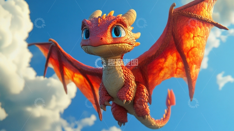 高清大图下载【趣麦麦图】小红龙飞翔蓝天1