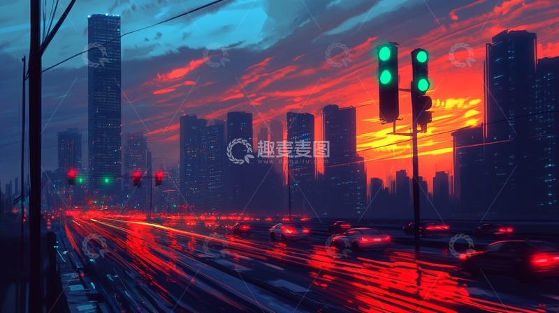 高清大图下载【趣麦麦图】日落街道插画22