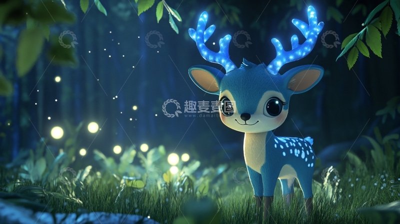 高清大图下载【趣麦麦图】森林梅花鹿石头夜景