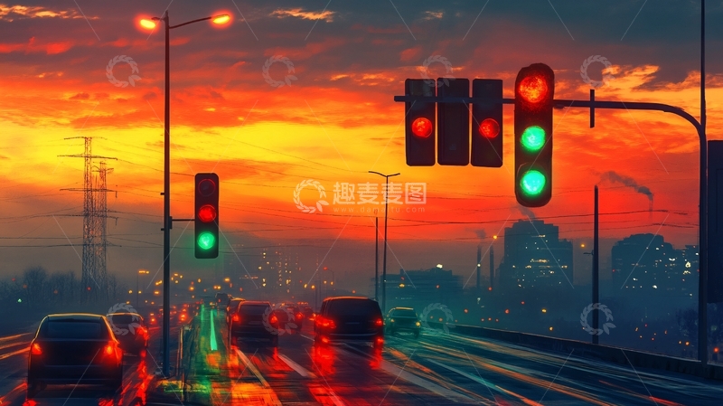 高清大图下载【趣麦麦图】夜晚红绿灯路口2