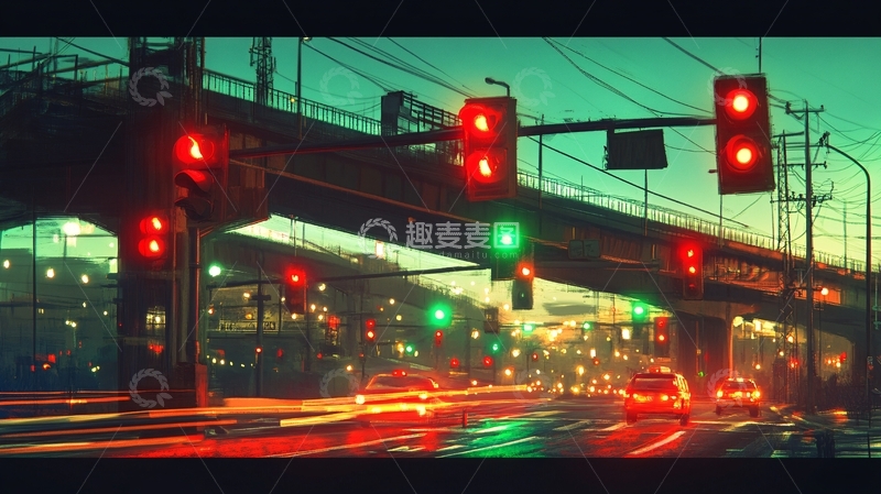 高清大图下载【趣麦麦图】夜晚红绿灯路口8