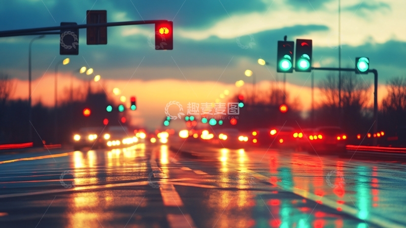 高清大图下载【趣麦麦图】夜晚红绿灯路口7