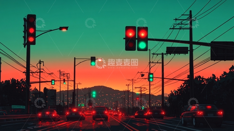 高清大图下载【趣麦麦图】夜晚红绿灯路口10