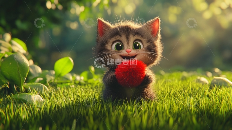 高清大图下载【趣麦麦图】小猫红球绿草地