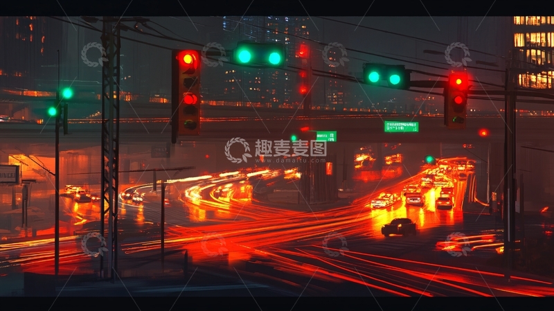 高清大图下载【趣麦麦图】夜晚红绿灯路口13