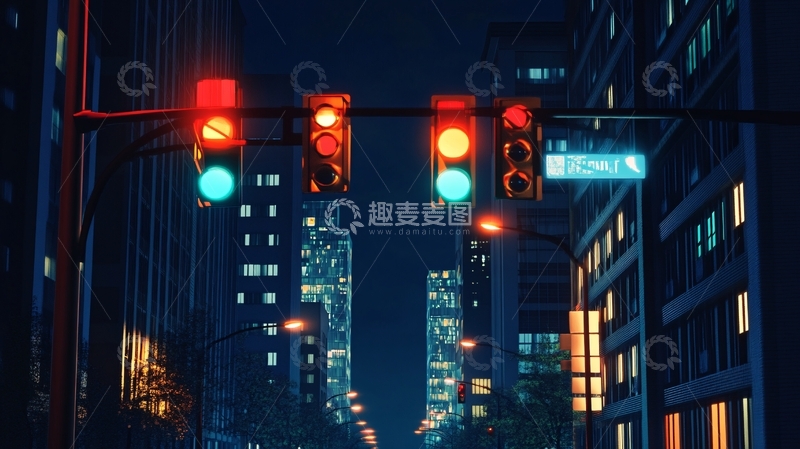 高清大图下载【趣麦麦图】夜晚红绿灯路口14