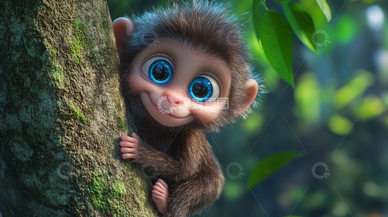 高清大图下载【趣麦麦图】小猴子树下笑声