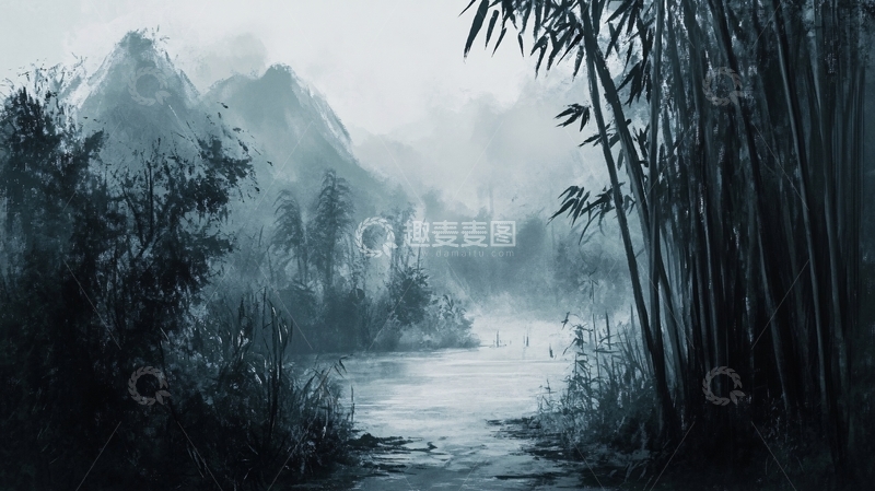 高清大图下载【趣麦麦图】意境竹林山水画5