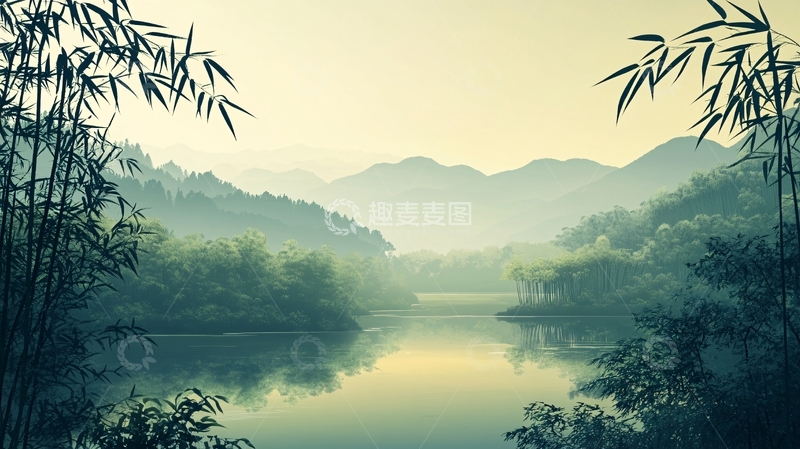 高清大图下载【趣麦麦图】竹林山水背景23