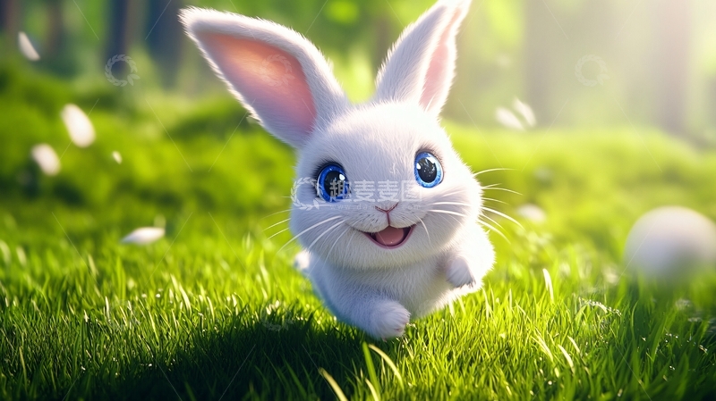 高清大图下载【趣麦麦图】小兔跃动蓝耳草地