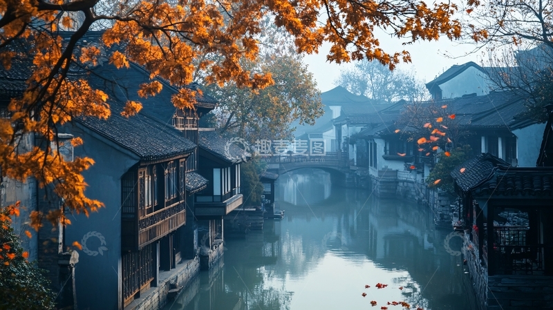高清大图下载【趣麦麦图】水乡古镇秋色