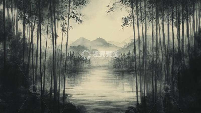 高清大图下载【趣麦麦图】意境竹林山水画6