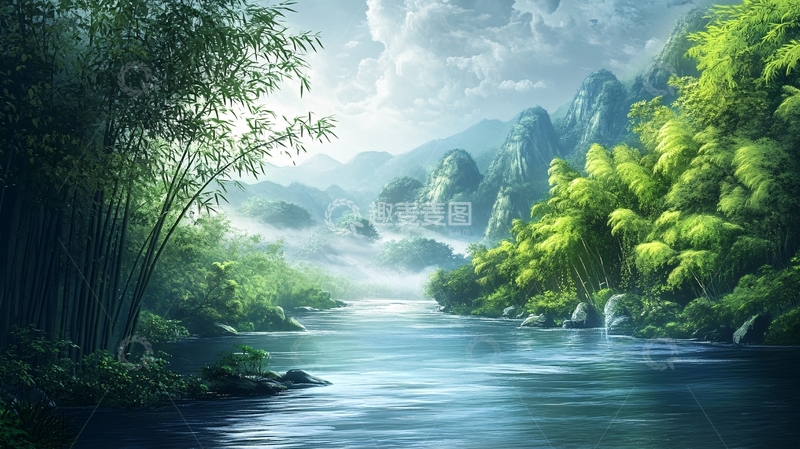 高清大图下载【趣麦麦图】竹林河流山峰15