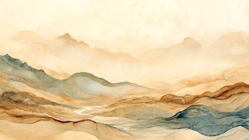 高清大图下载【趣麦麦图】金色水墨群山背景墙1