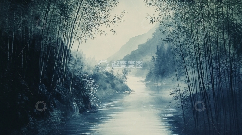 高清大图下载【趣麦麦图】竹林河流山峰12
