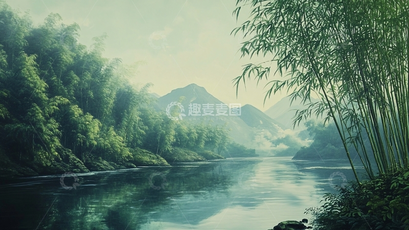 高清大图下载【趣麦麦图】竹林河流山峰13