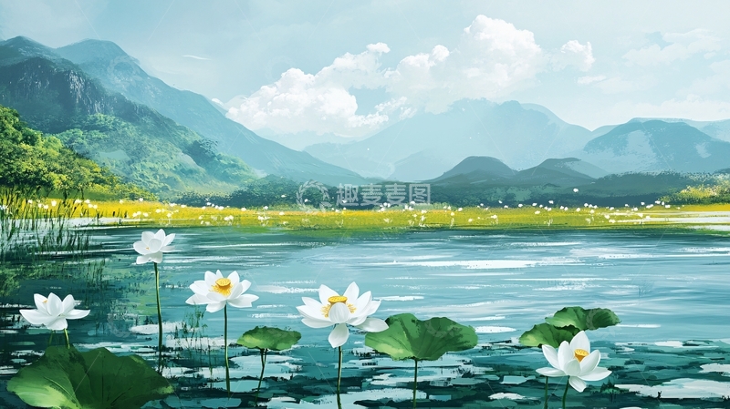 高清大图下载【趣麦麦图】手绘荷花湖