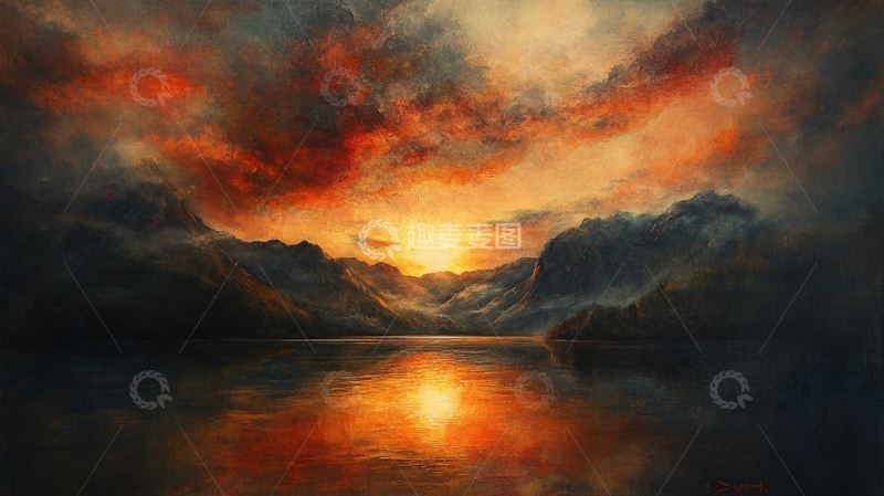 高清大图下载【趣麦麦图】山水夕阳油画