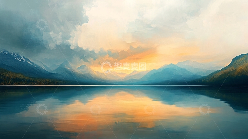 高清大图下载【趣麦麦图】湖景晚霞宽幅1