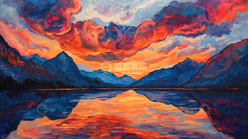 高清大图下载【趣麦麦图】日落手绘油画1