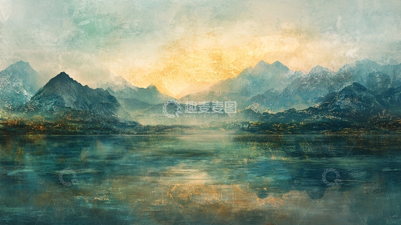 高清大图下载【趣麦麦图】油画远山群山倒影云雾6