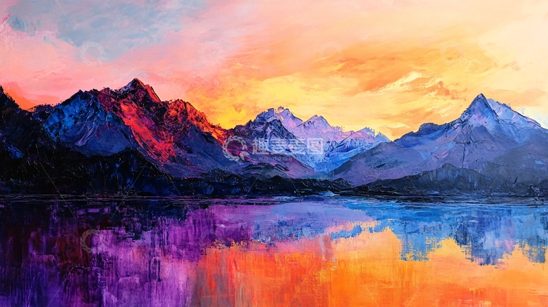 高清大图下载【趣麦麦图】远山朝霞油画1