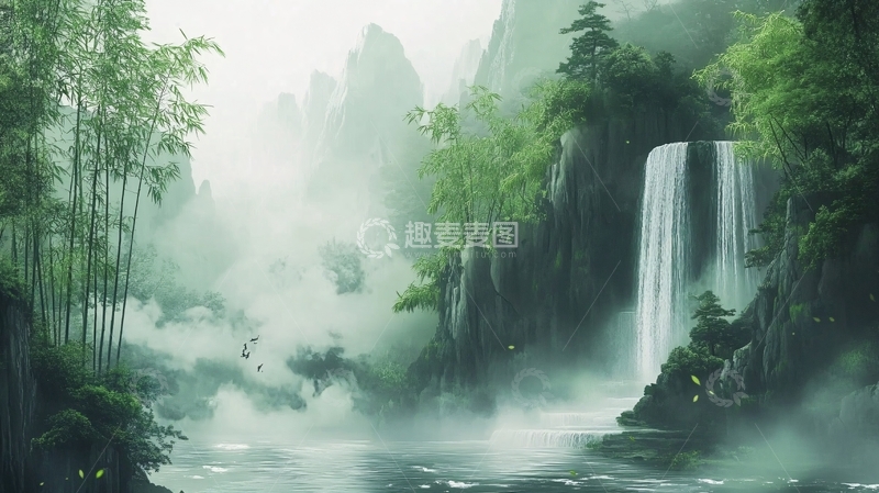 高清大图下载【趣麦麦图】春天竹林瀑布晨曦唯美15