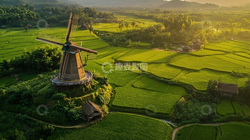 高清大图下载【趣麦麦图】稻田风车